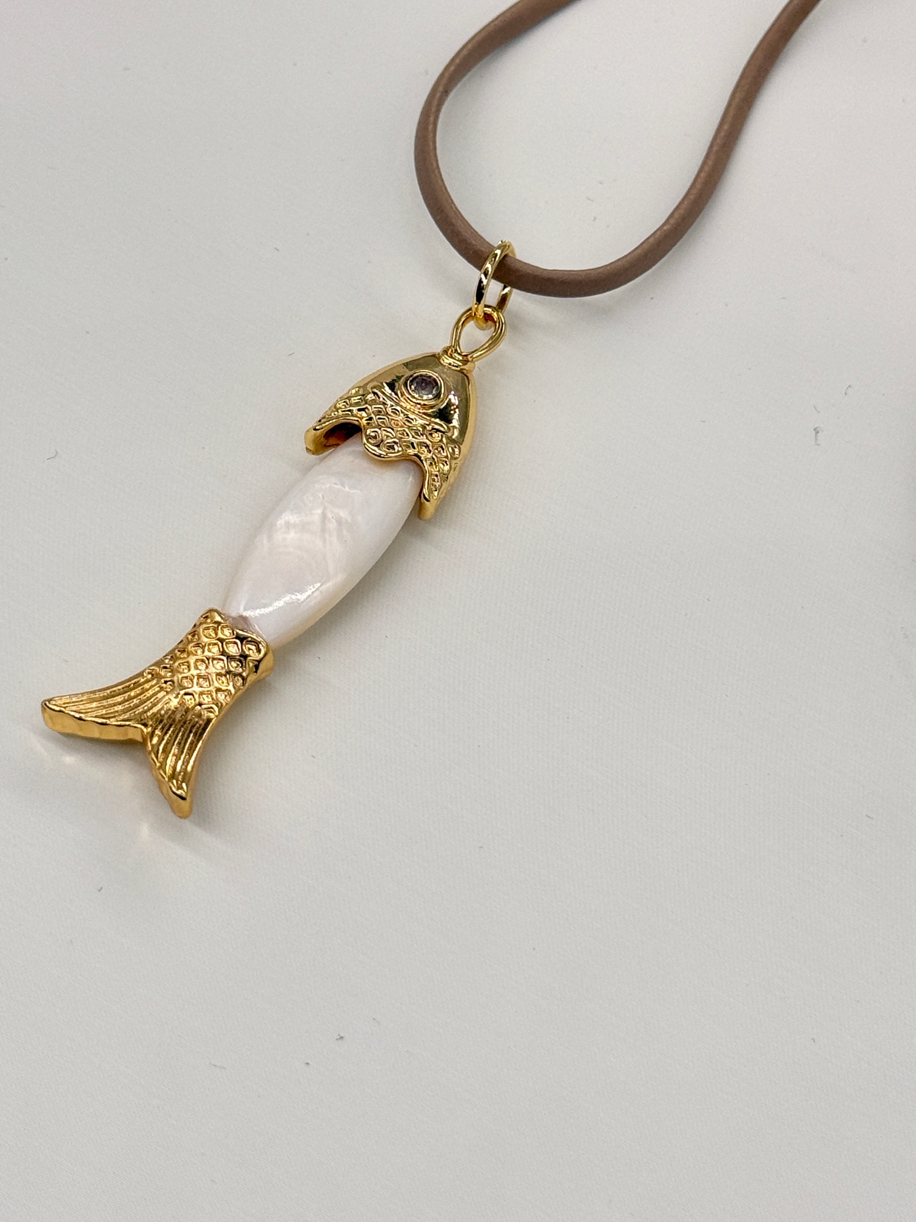 LEATHER BEIGE HANDMADE ADJUSTABLE CORD NECKLACE WITH PEARL FISH CHARM