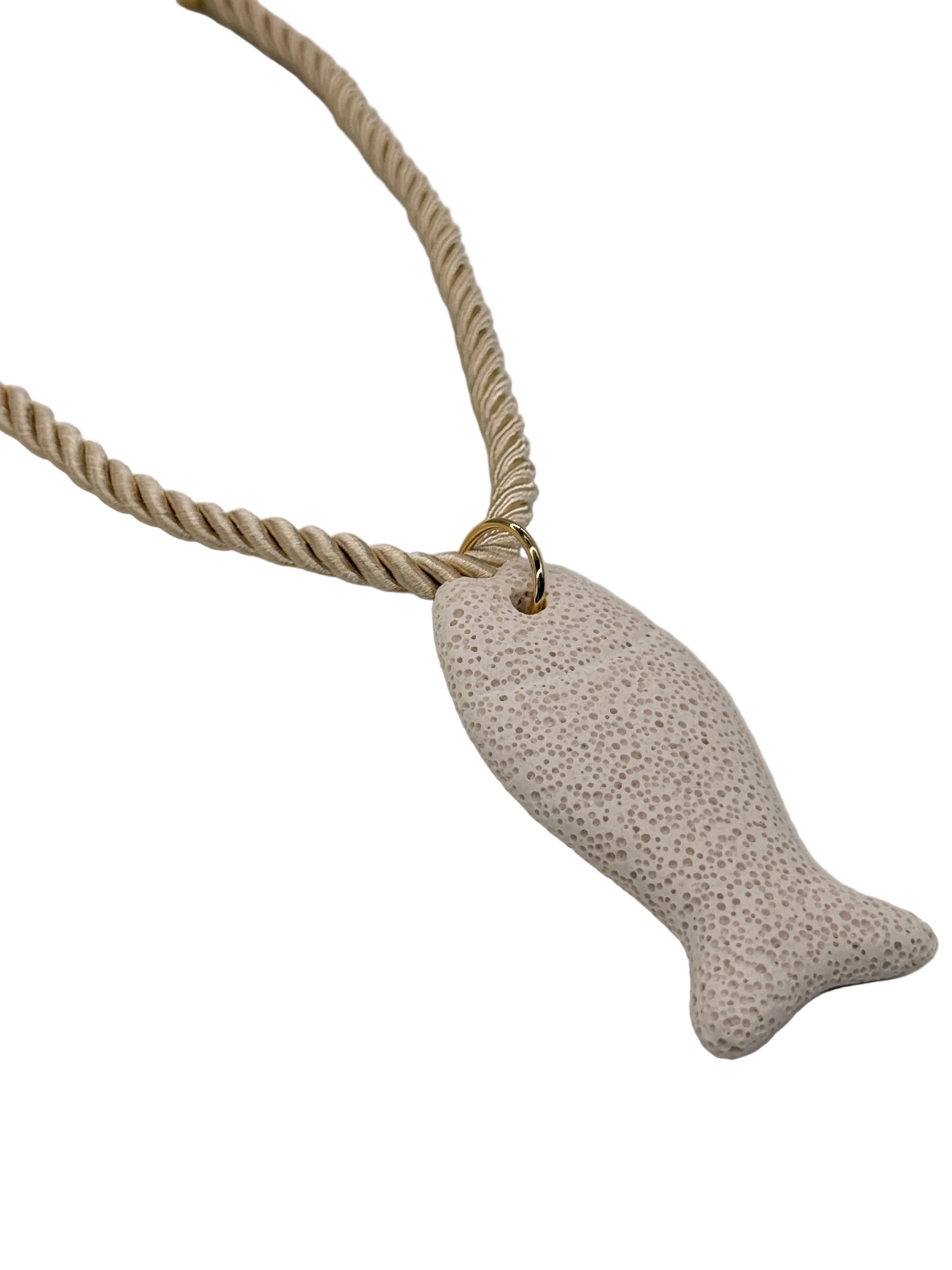 BEIGE TWISTED CORD WITH WHITE LAVA STONE FISH
