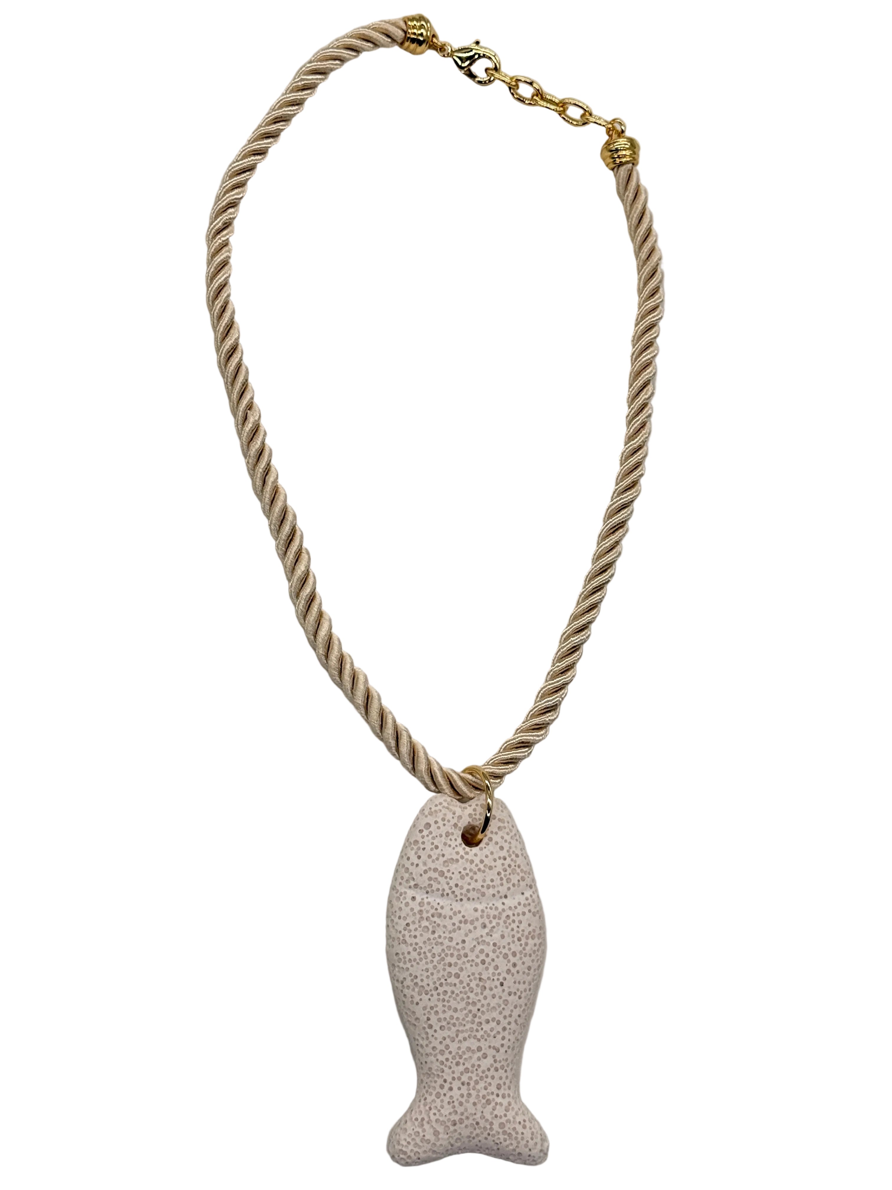 BEIGE TWISTED CORD WITH WHITE LAVA STONE FISH