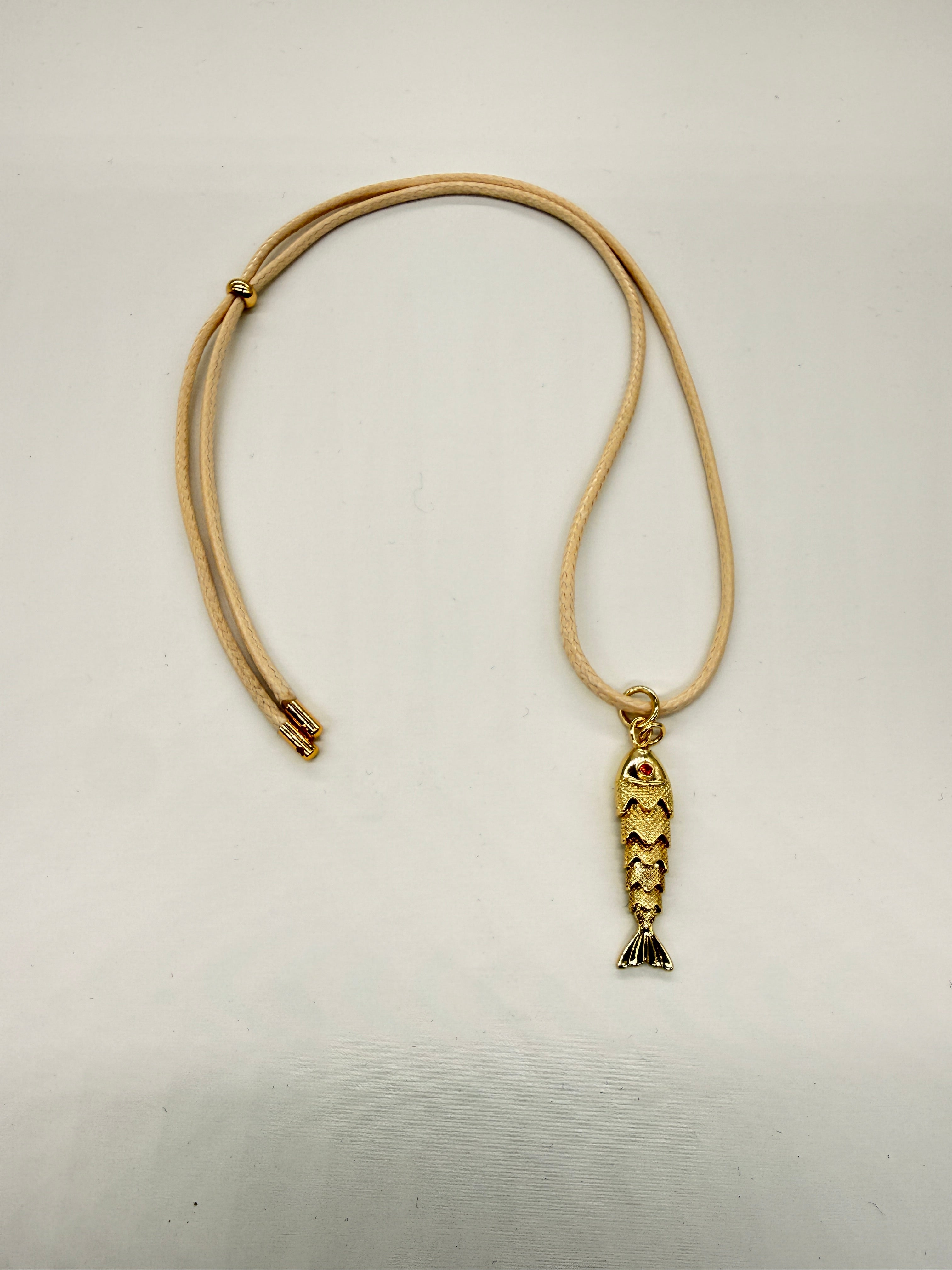 HANDMADE SUMMER BEIGE CORD ADJUSTABLE GOLD FISH NECKLACE BEACH ALL SEASON