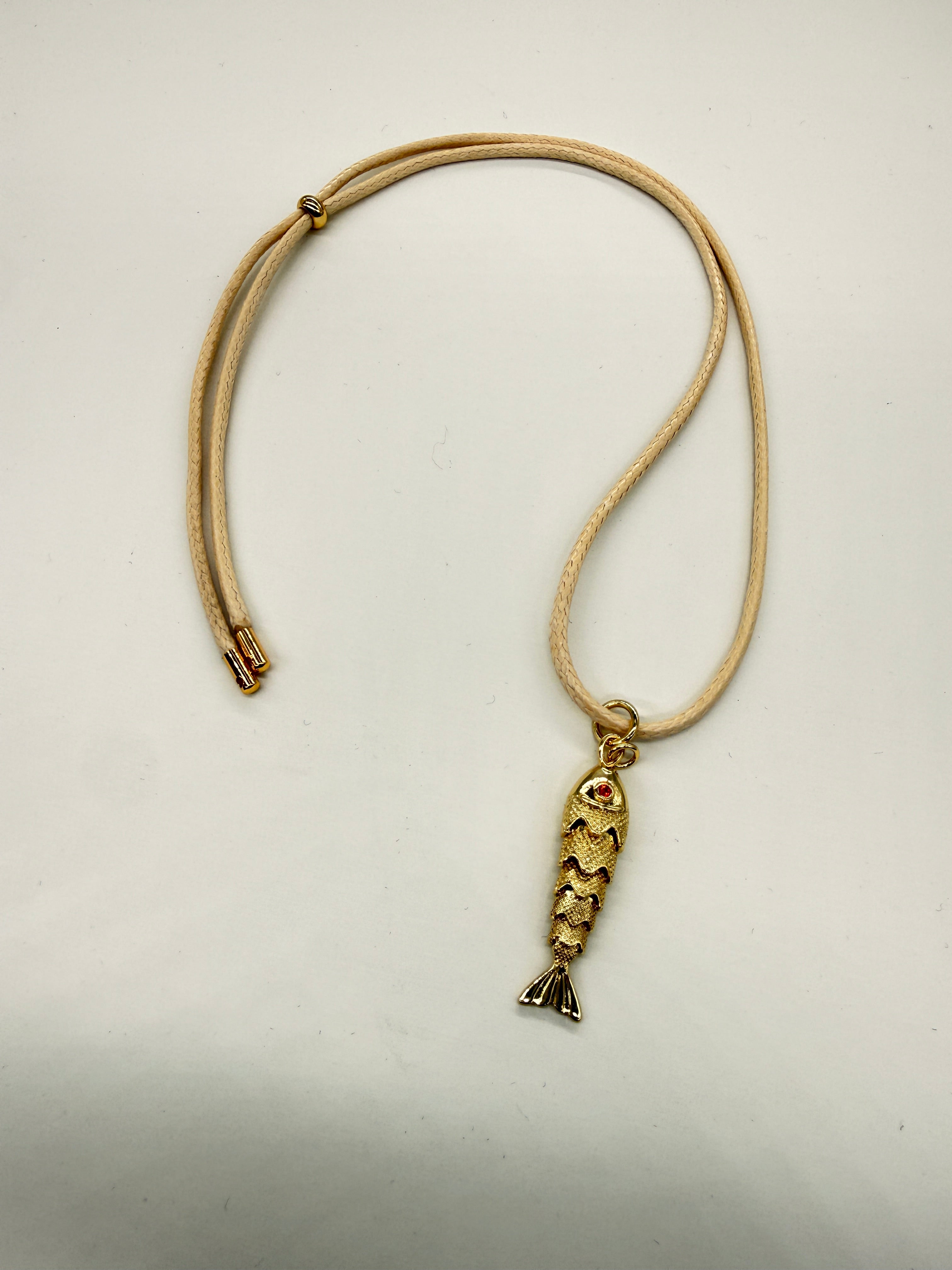 HANDMADE SUMMER BEIGE CORD ADJUSTABLE GOLD FISH NECKLACE BEACH ALL SEASON