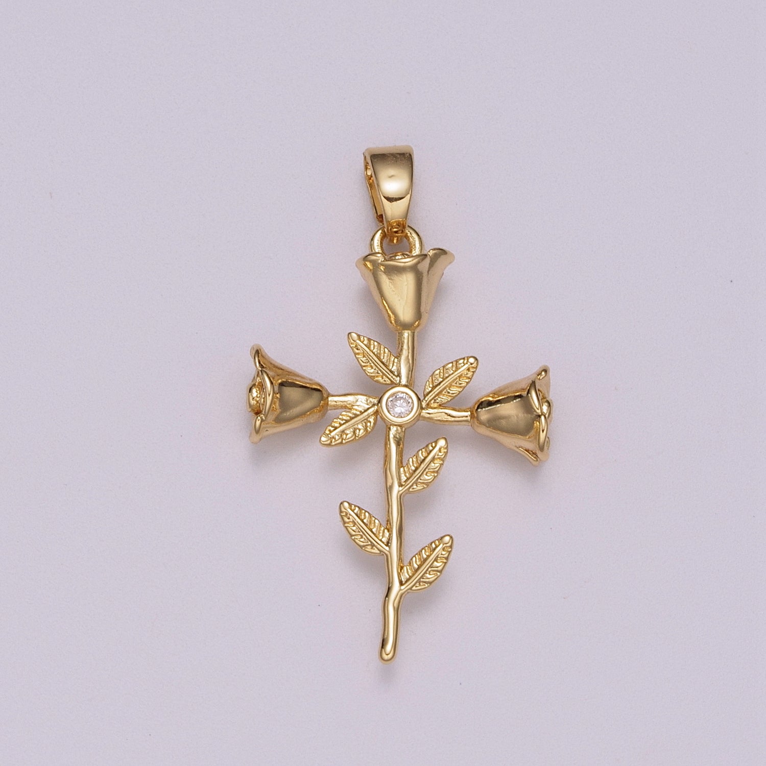 Classic Gold Diamond CZ Rose Cross Necklace