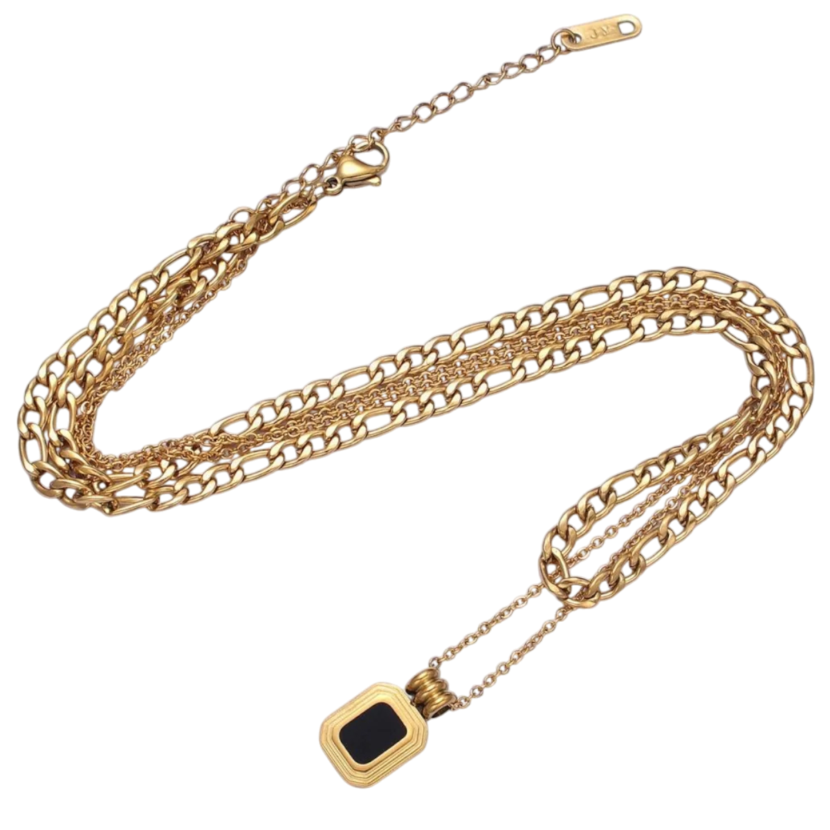 Rolo Double Chain Layered Necklace with Figaro Black Pendant NC-21WA1632