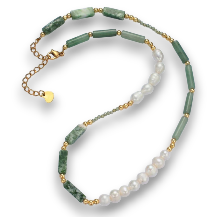 Green Jade Bead Necklace with Freshwater Pearl NC-21WA2584