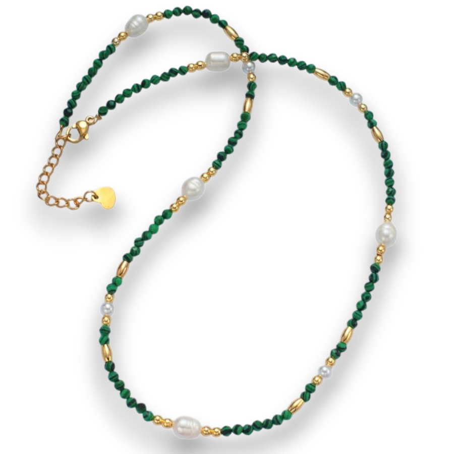 Green Malachite Beaded Necklace with Freshwater Pearl  NC-21WA2587
