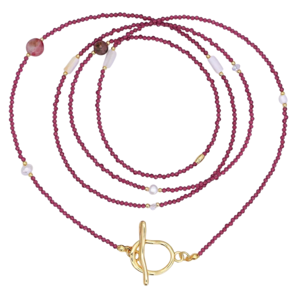Layering Shell Pearl Magenta Crystal Gemstone Necklace NC-21WA3075