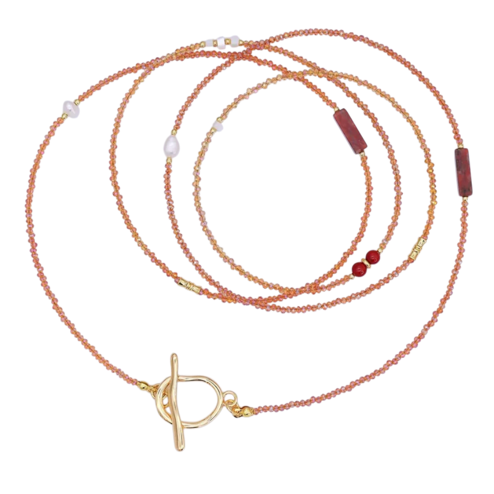 Layering Shell Pearl Red Carnelian Orange Crystal Gemstone Necklace NC-21WA3076