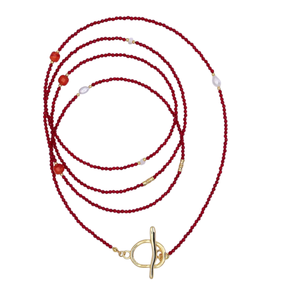 Layering Red Carnelian Shell Pearl Gemstone Necklace NC-21WA3077