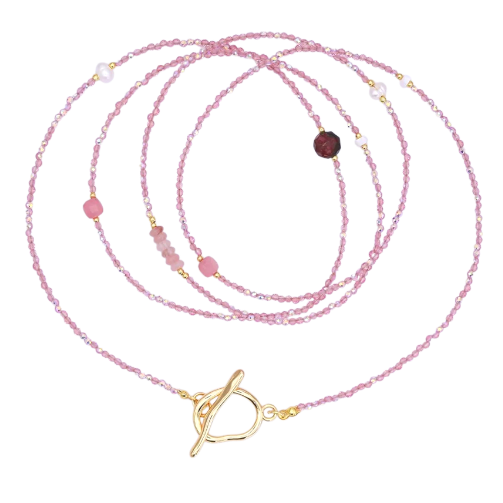 Layering Shell Pearl Rose Pink Crystal Gemstone Necklace NC-21WA3079