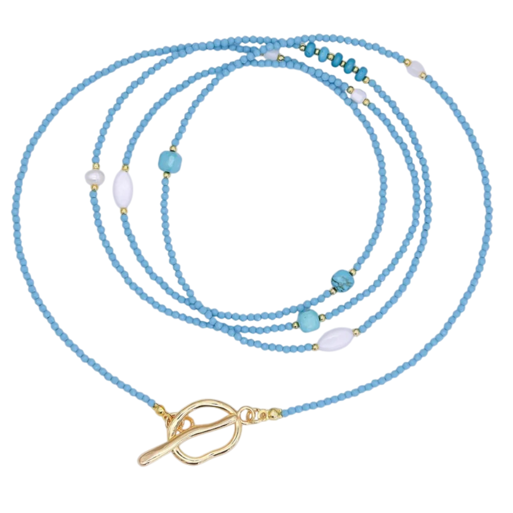 Layering Shell Pearl Blue Multifaceted Gemstone Necklace NC-21WA3080
