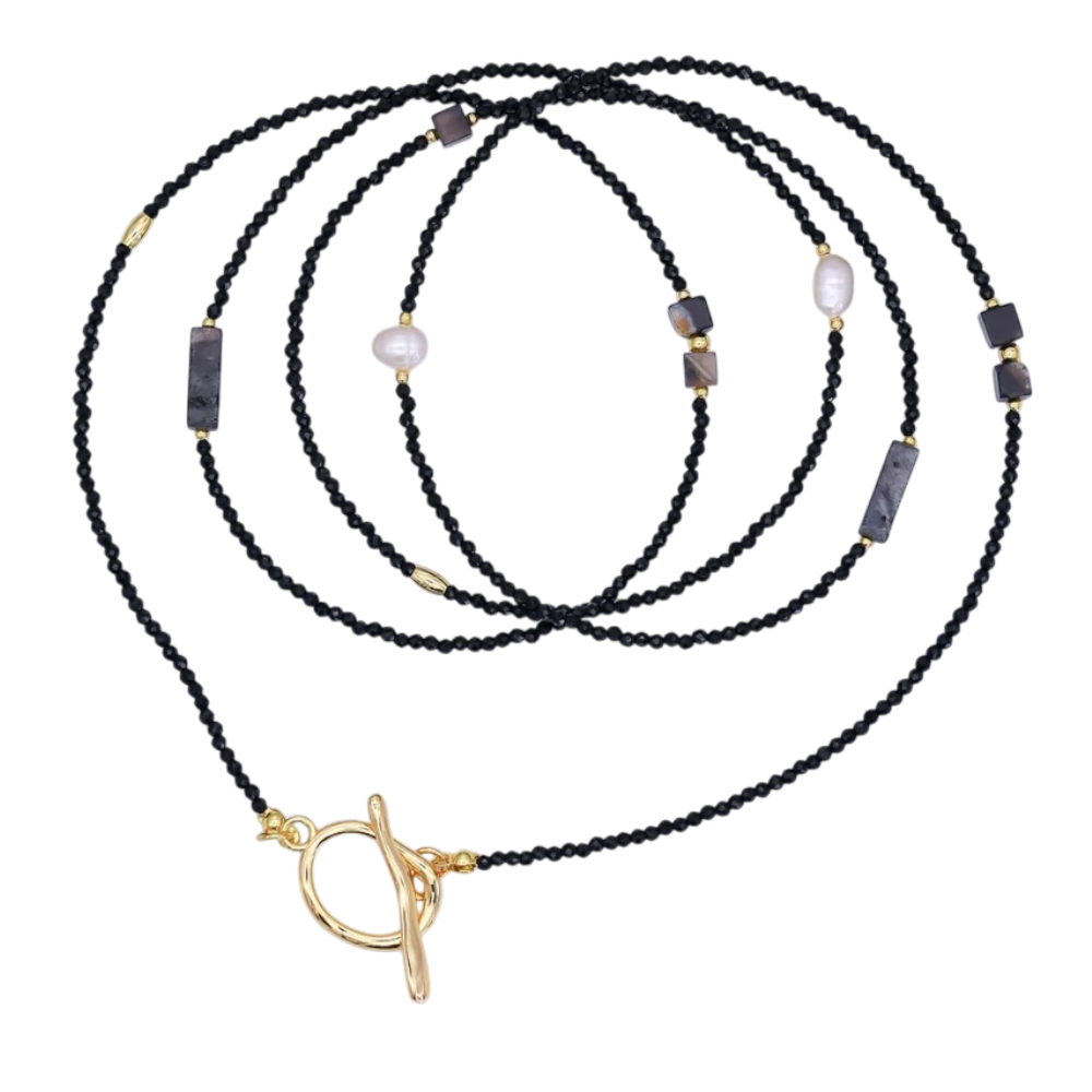 Layering Grey Agate Onyx Shell Pearl Gemstone Necklace NC-21WA3085