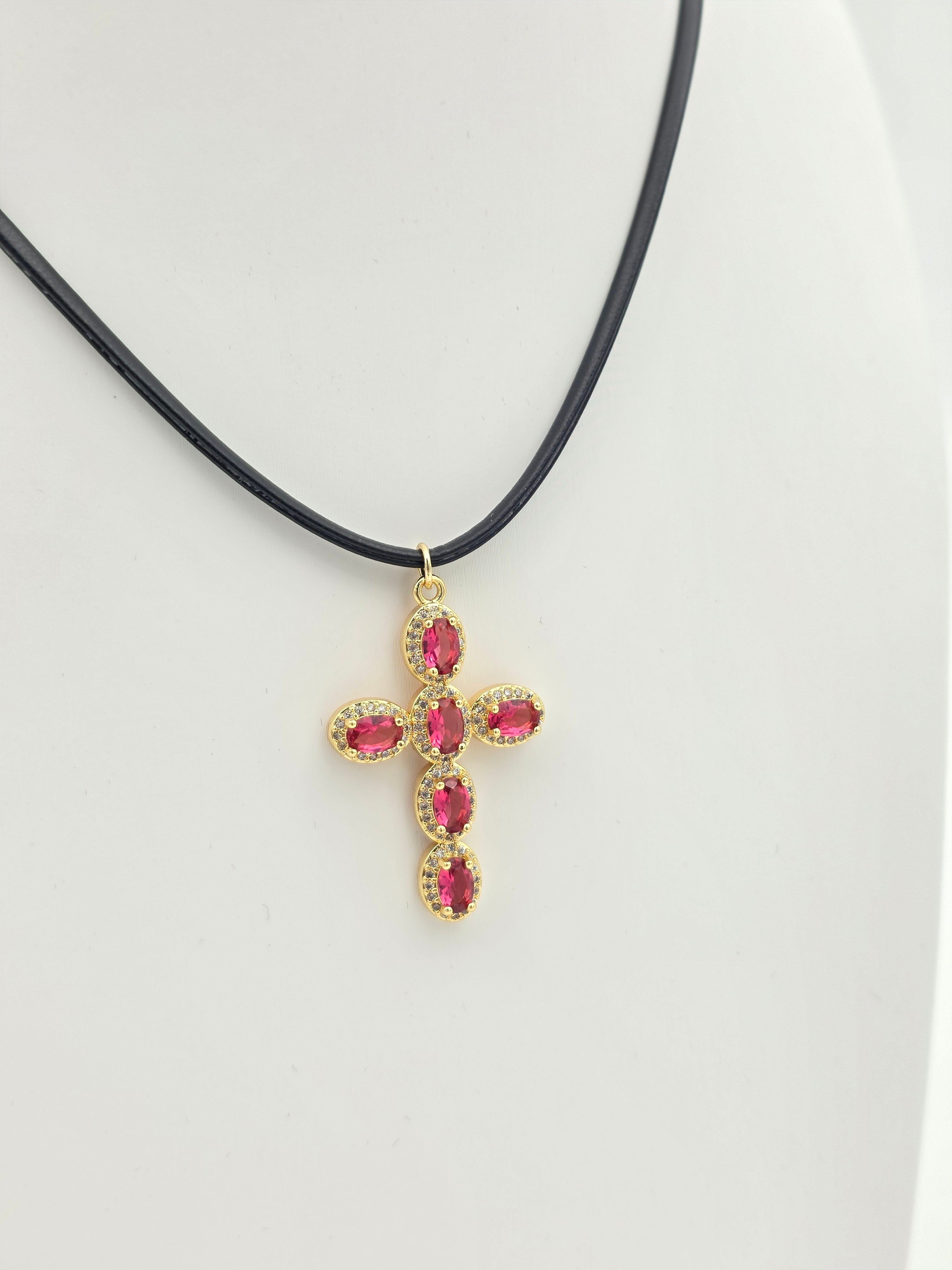 ADJUSTABLE BLACK LEATHER CORD NECKLACE WITH FUCHSIA CROSS PENDANT  ✦ NC-SJ2002