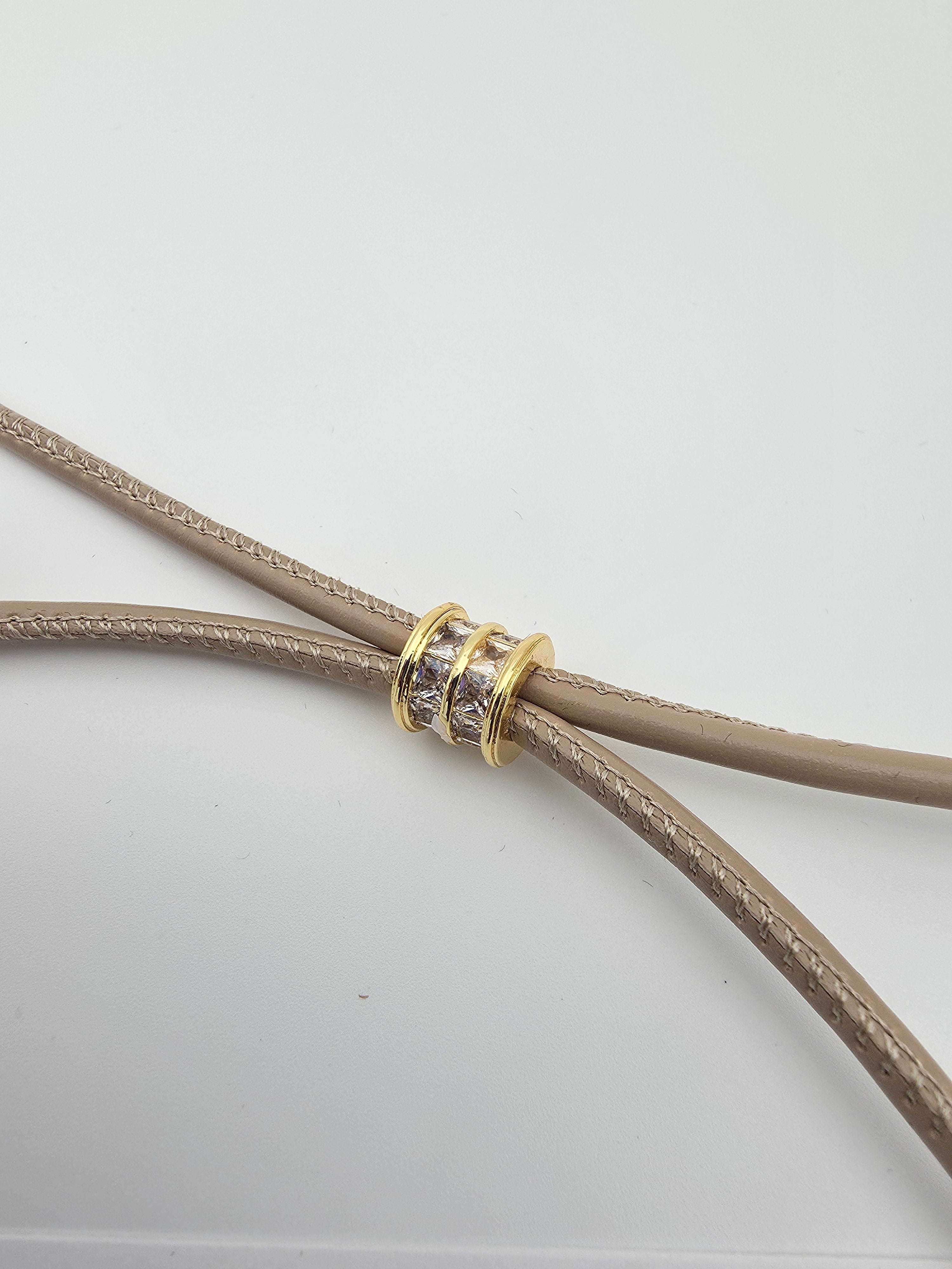 BEIGE CUSTOM ADJUSTABLE BAGUETTE CORD NECKLACE WITH GOLD LEAF PENDANT  ✦  NC-SJ2016