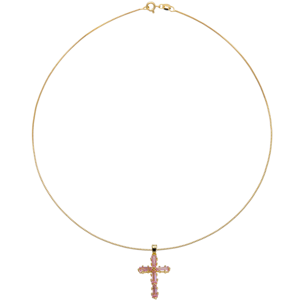 Minimalist Box Chain necklace with pink CZ cross NC-SJ2156