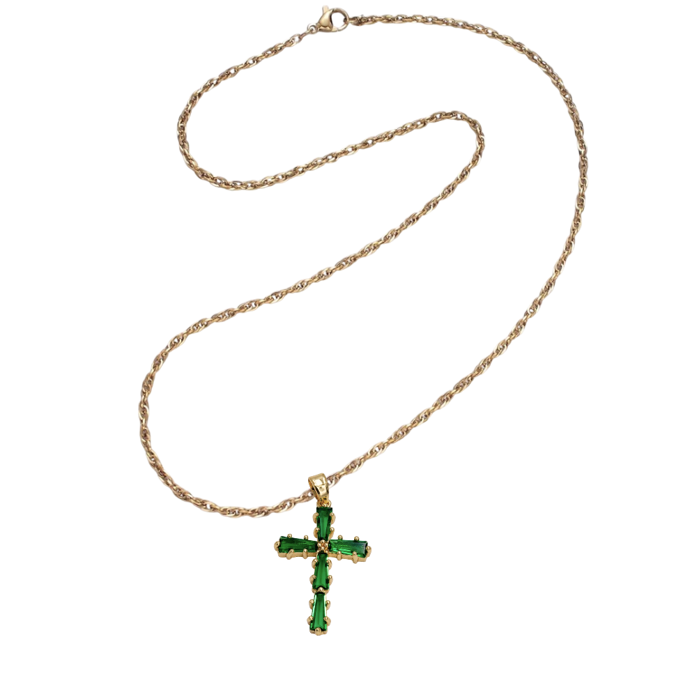 Dainty Singapore chain Necklace with green cross CZ pendant NC-SJ2157