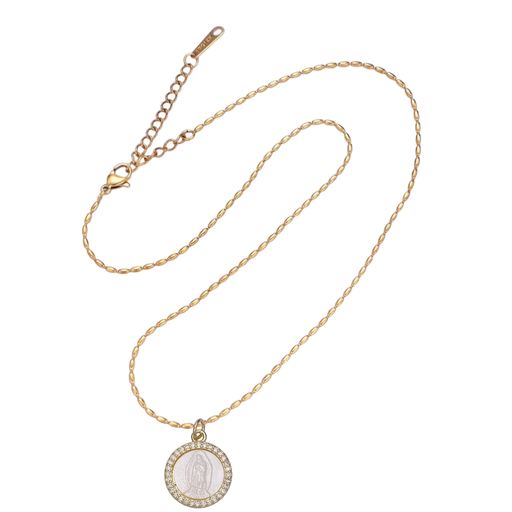 Tube Bead Choker Necklace with Pearl and CZ Our Lady of Guadalupe Pendant NC-SJ2164