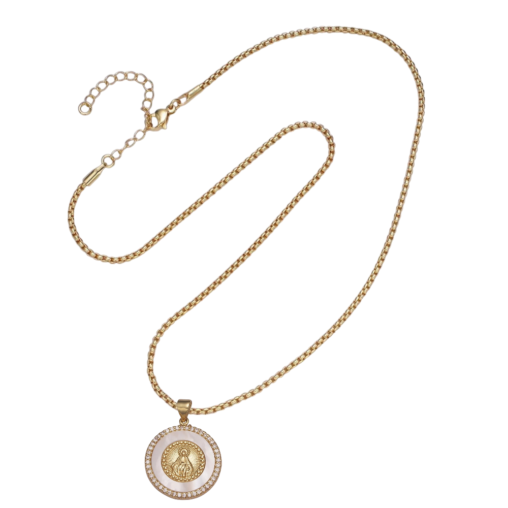 Box Chain Necklace with Lady Guadalupe round pendant NC-SJ2178