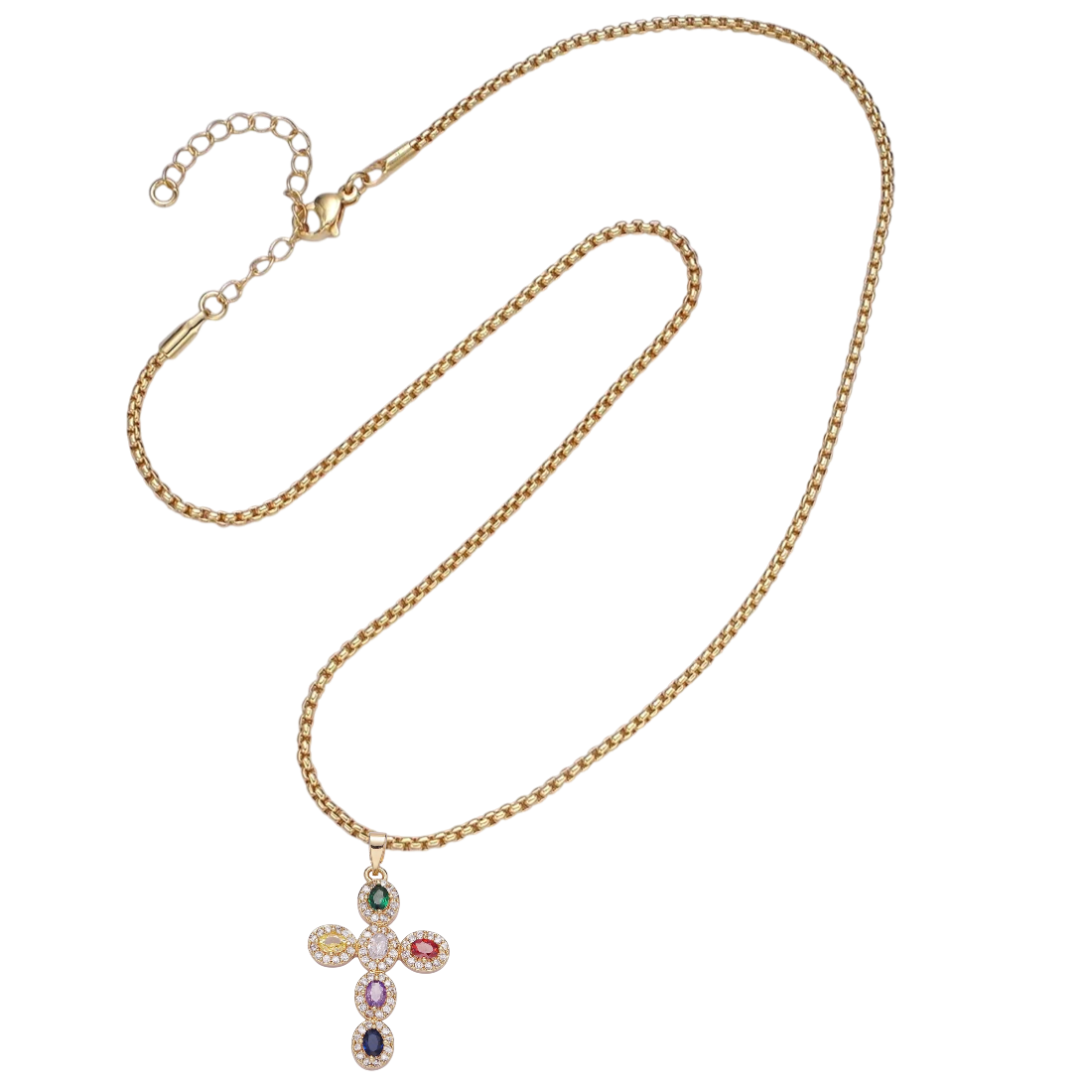 Box Chain Necklace with multi-color CZ cross NC-SJ2184