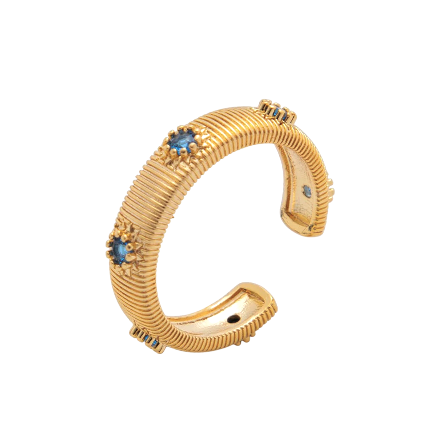 Blue CZ Lined Ribbed Ring RI-21O2029