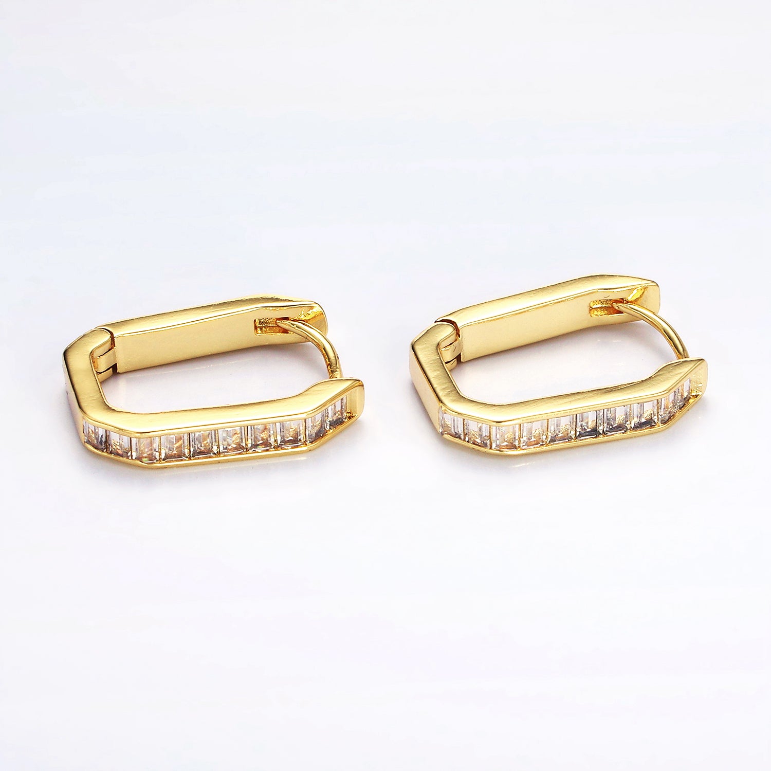 Gold Baguette Lined Edged Oblong Hoop Earrings in Gold & Silver