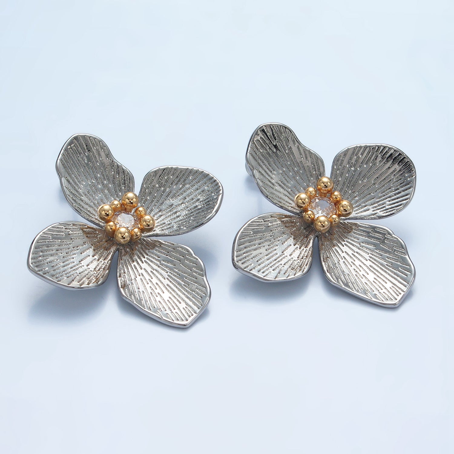 Gold 40mm Clear CZ Line-Textured Flower Stud Earrings in Gold & Mixed Metal