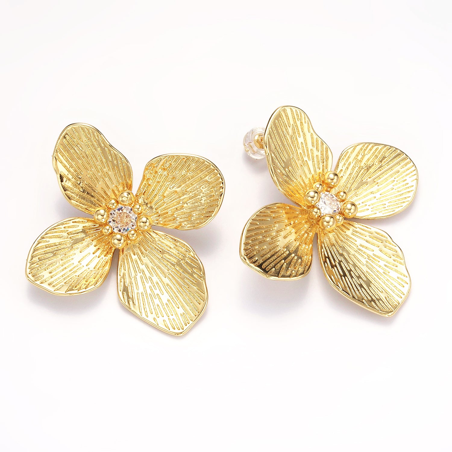 Gold 40mm Clear CZ Line-Textured Flower Stud Earrings in Gold & Mixed Metal
