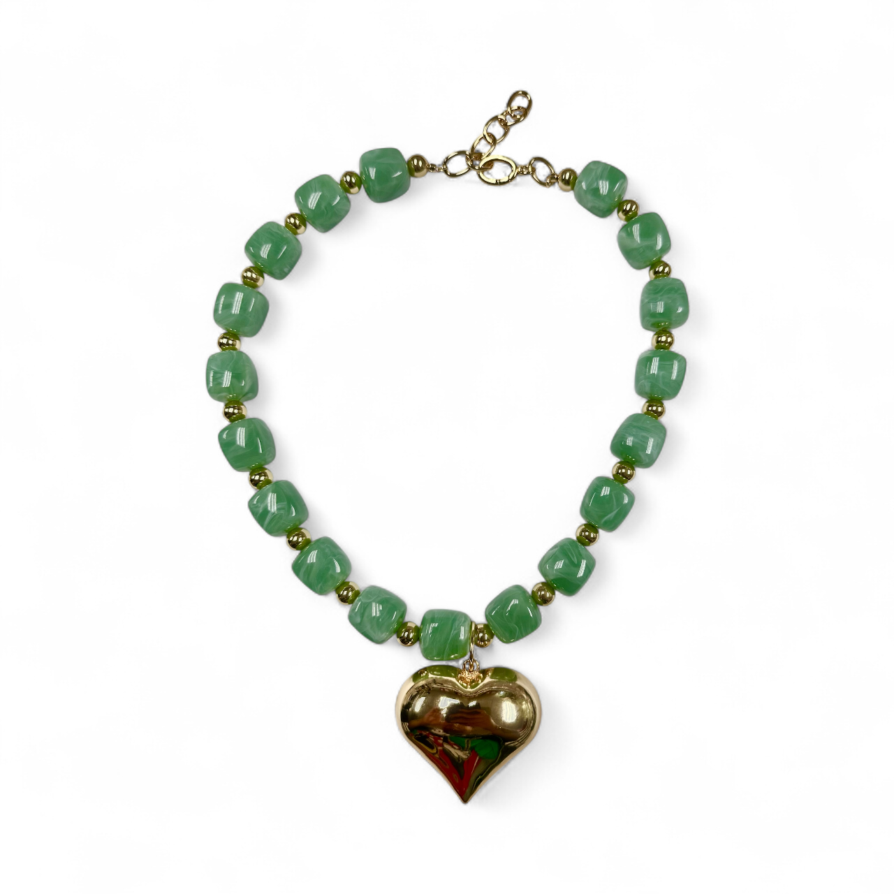 Chunky resin beaded necklace with big gold heart pendant ✦ NC-SJ2029 to NC-SJ2035