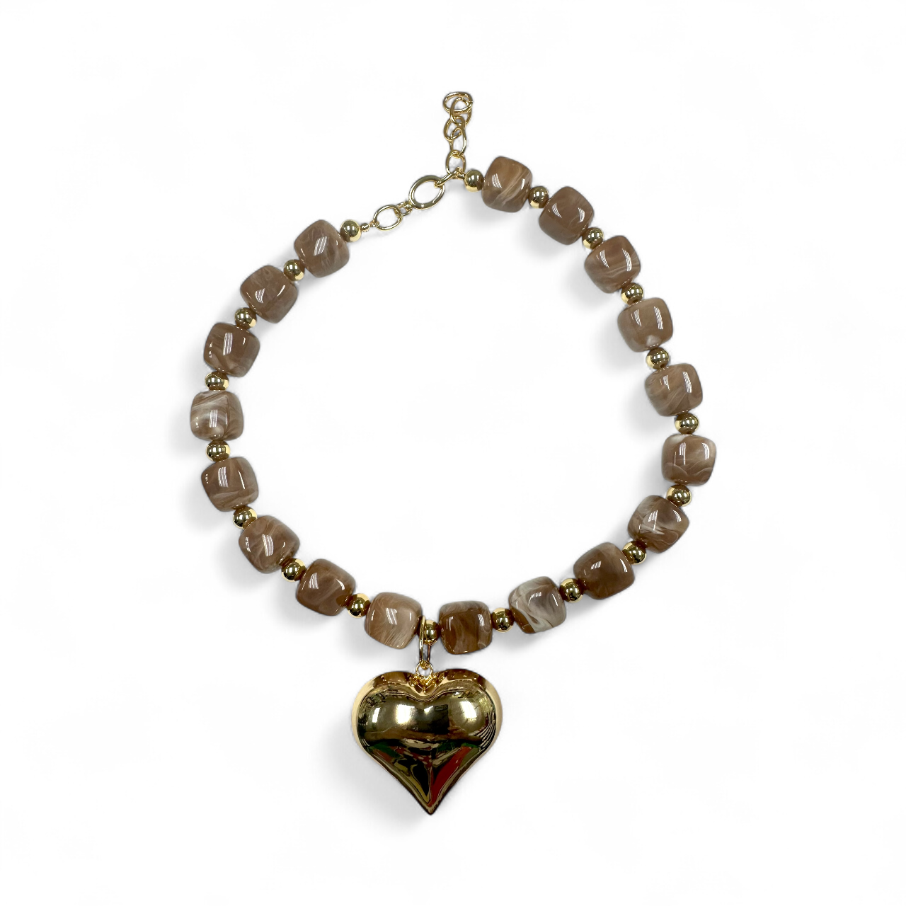 Chunky resin beaded necklace with big gold heart pendant ✦ NC-SJ2029 to NC-SJ2035
