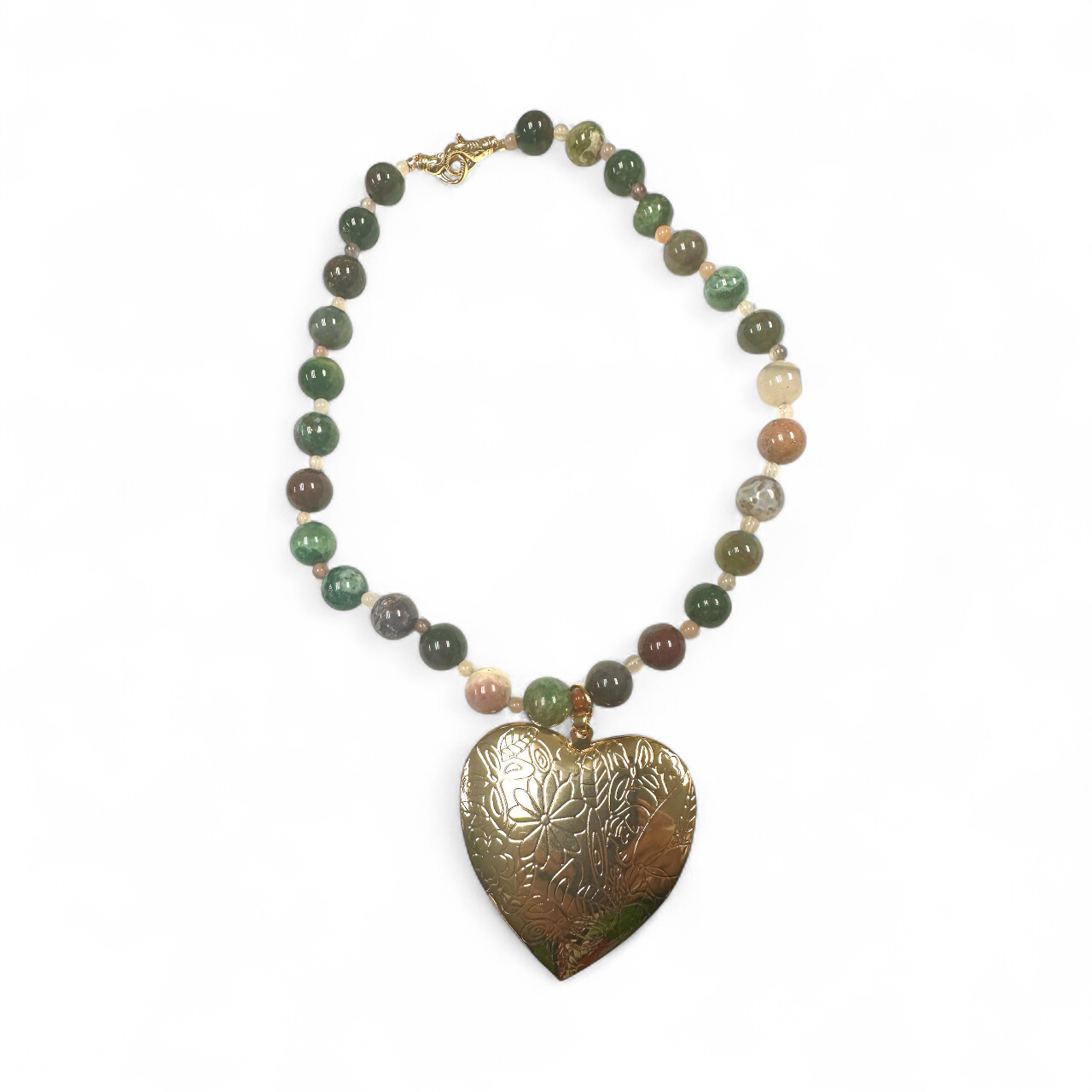 INDIA AGATE GEM NECKLACE WITH BIG HEART LOCKET NC-SJ2042