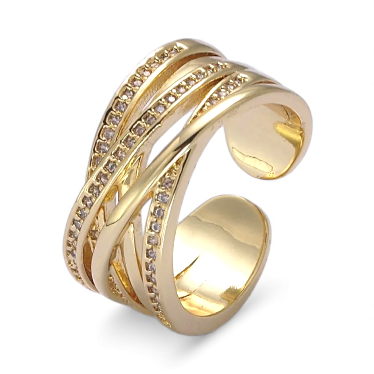 Gold Three Layer Micro Pave CZ Adjustable Ring in Gold & Silver ✦ RI-21S350  RI-21S351