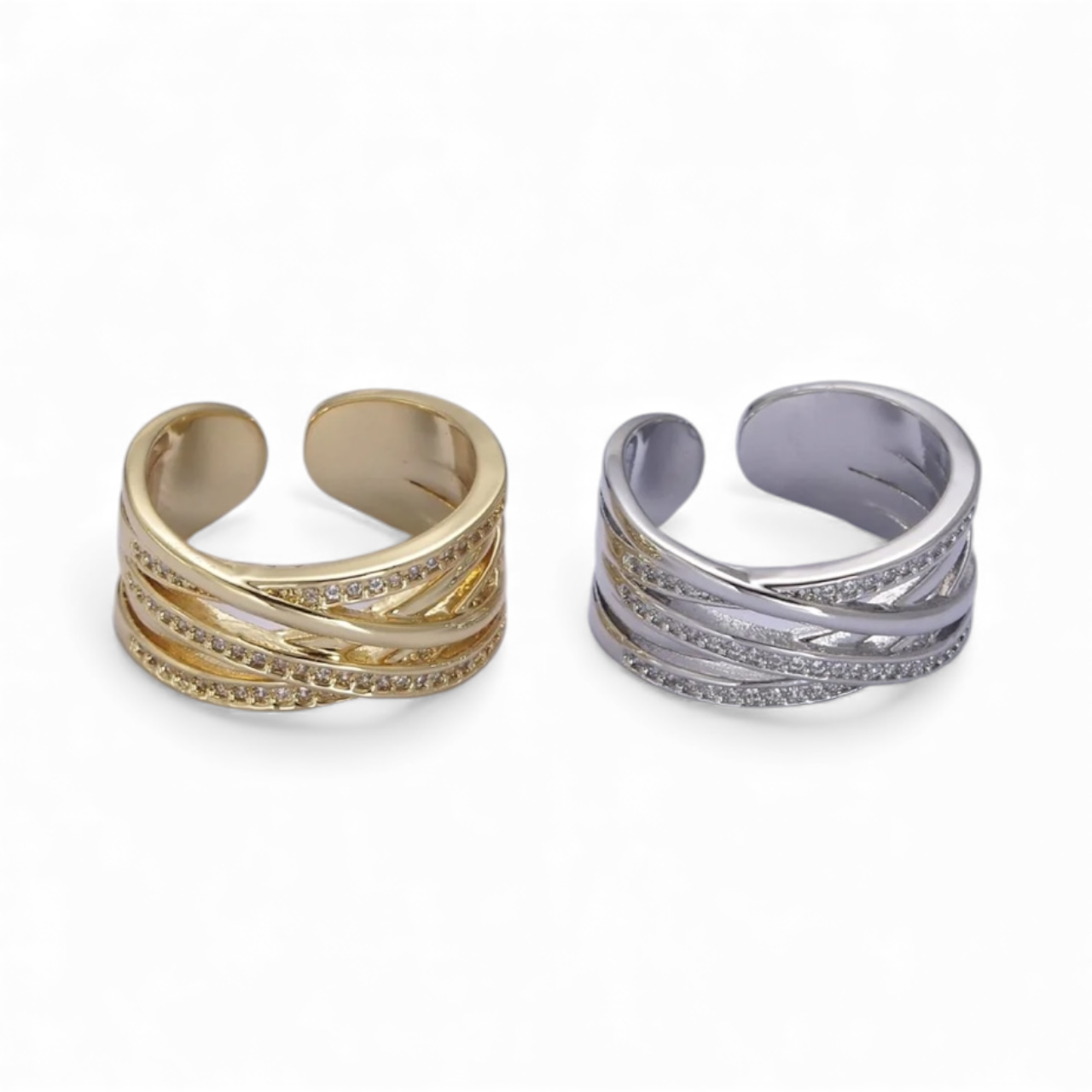 Gold Three Layer Micro Pave CZ Adjustable Ring in Gold & Silver ✦ RI-21S350  RI-21S351