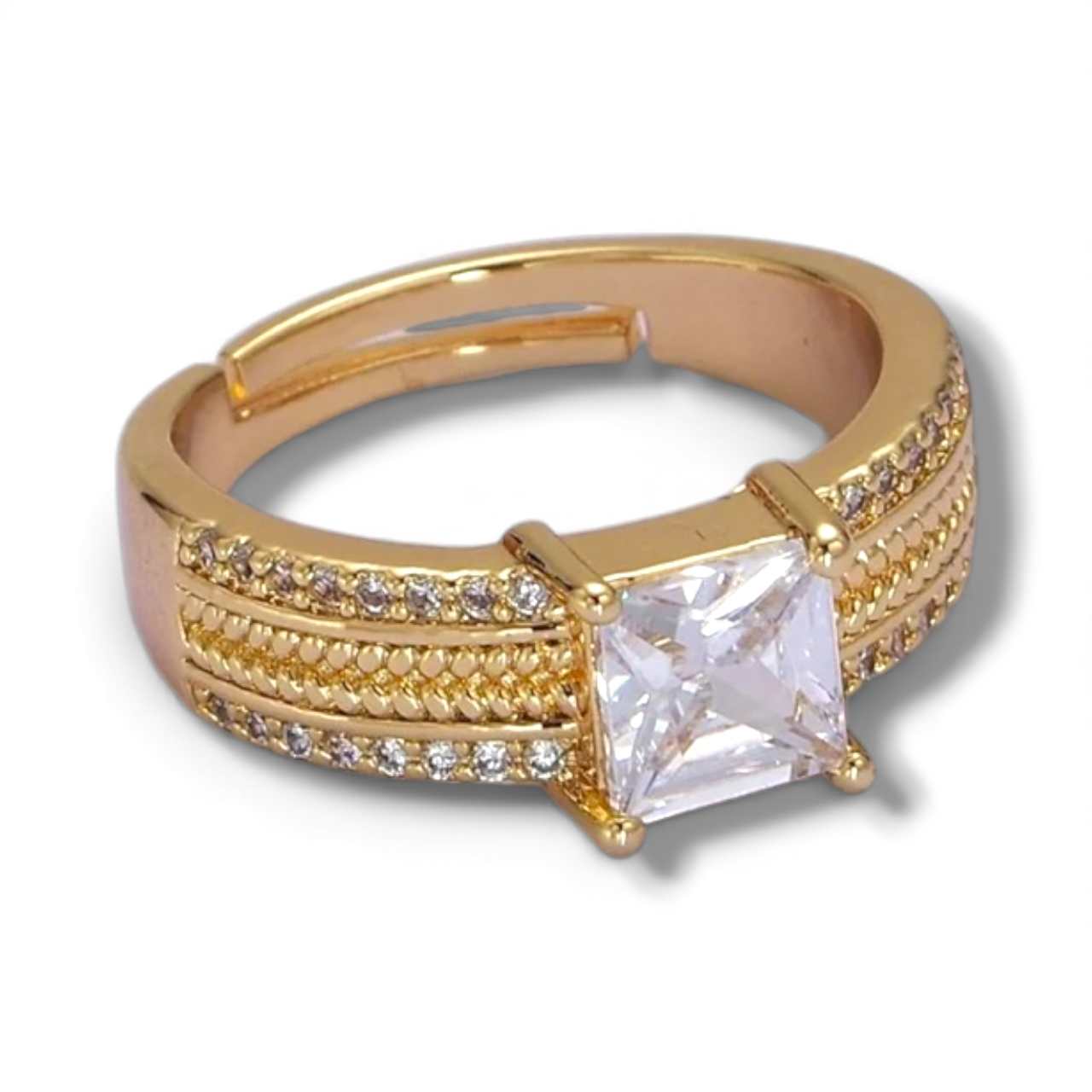 Gold Clear Square CZ Curb Textured Band Ring in Gold RI-21O1918