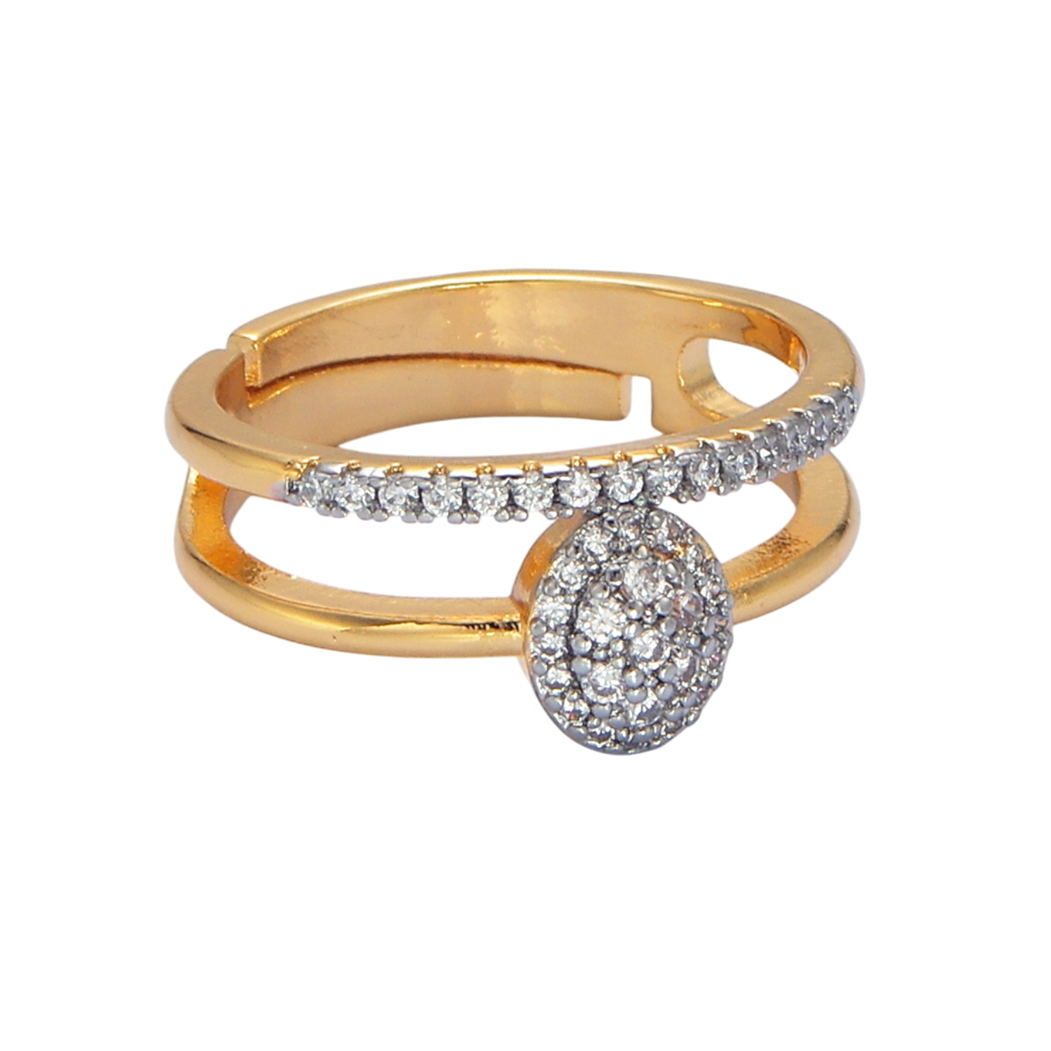 Gold Oval Micro Paved CZ Double Band Mixed Metal Ring RI-21O1426