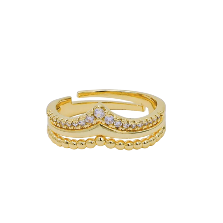 Micro Paved CZ Double Layer Beaded and CZ Crown Ring RI-21O1448