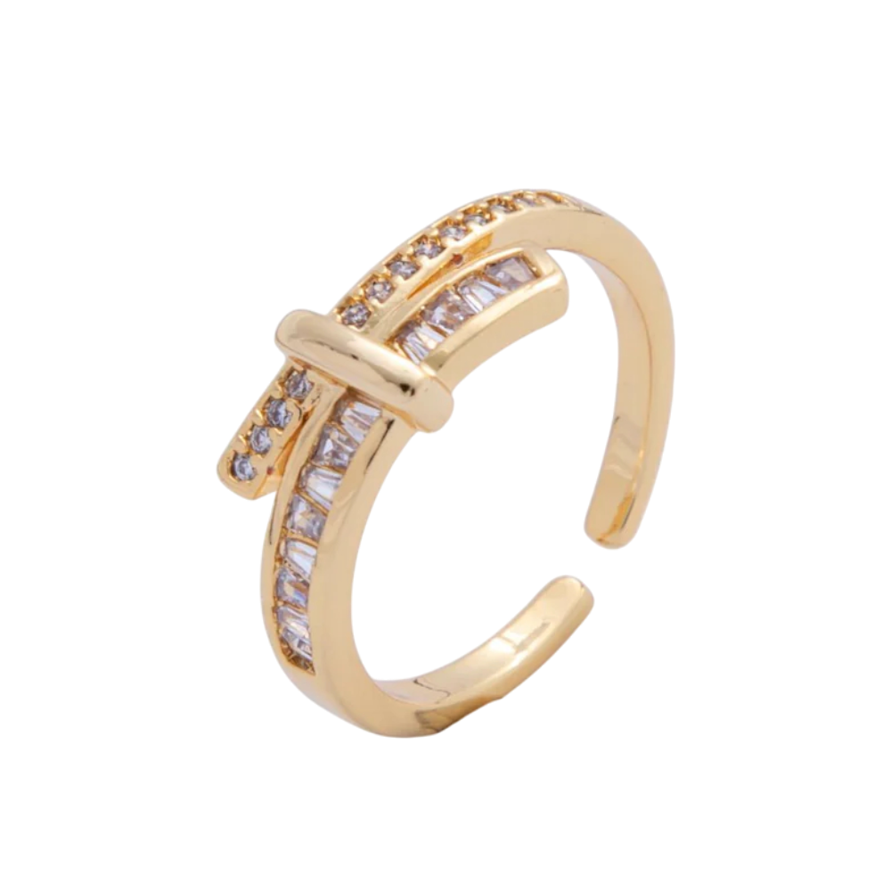 Baguette Micro Paved CZ Knot Double Bar Ring RI-21OA1726