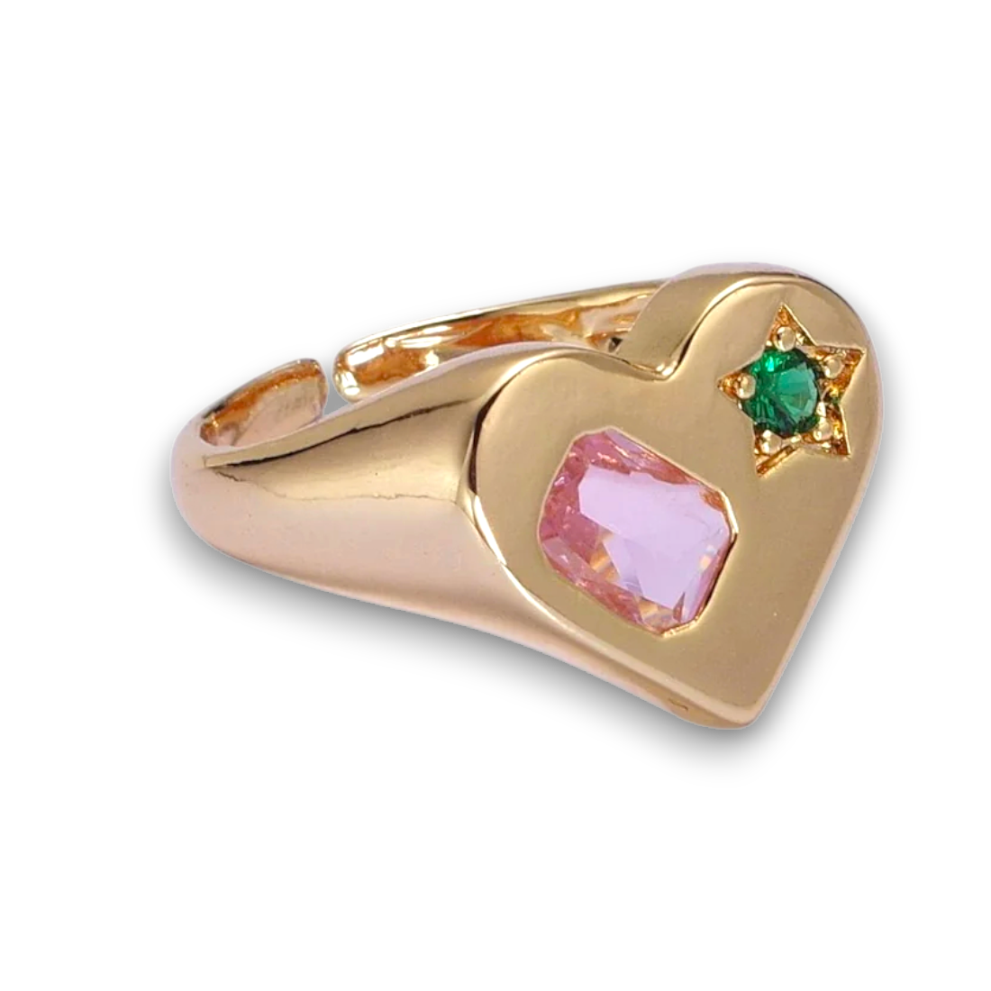 Gold Heart Signet Ring with Pink & Green CZ