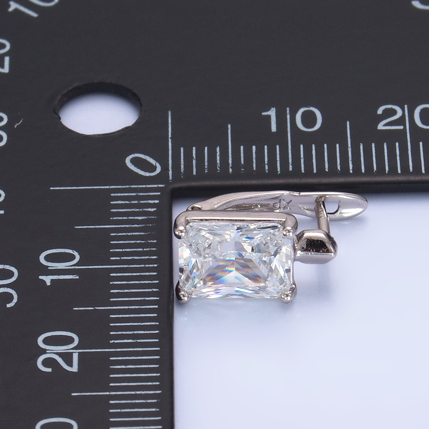 Silver Classic Rhodium CZ Emerald Cut Huggies Earring-00151