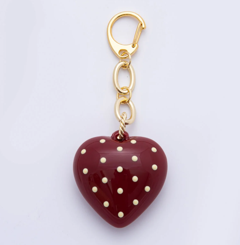 Polka dotted Dark Red Heart Glass Keychain, Bag charm, Backpack Charm ✦ BC-21WB004
