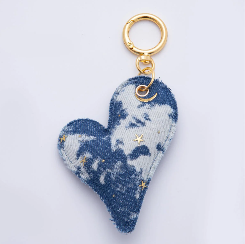 Denim Big Heart Bag Charm Keychain gold pated clip ✦ BC-21WB040   BC-21WB041