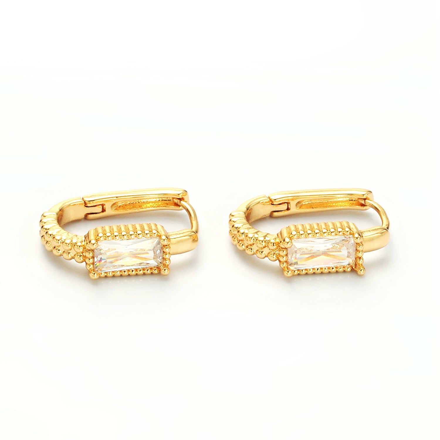 Gold 18mm Baguette CZ Dotted Oblong Huggie Earrings