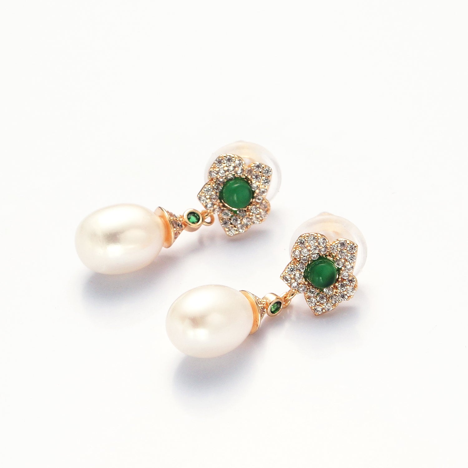 Dainty Round Pearl Stud Earring with Pave Green Flower for Wedding Jewelry