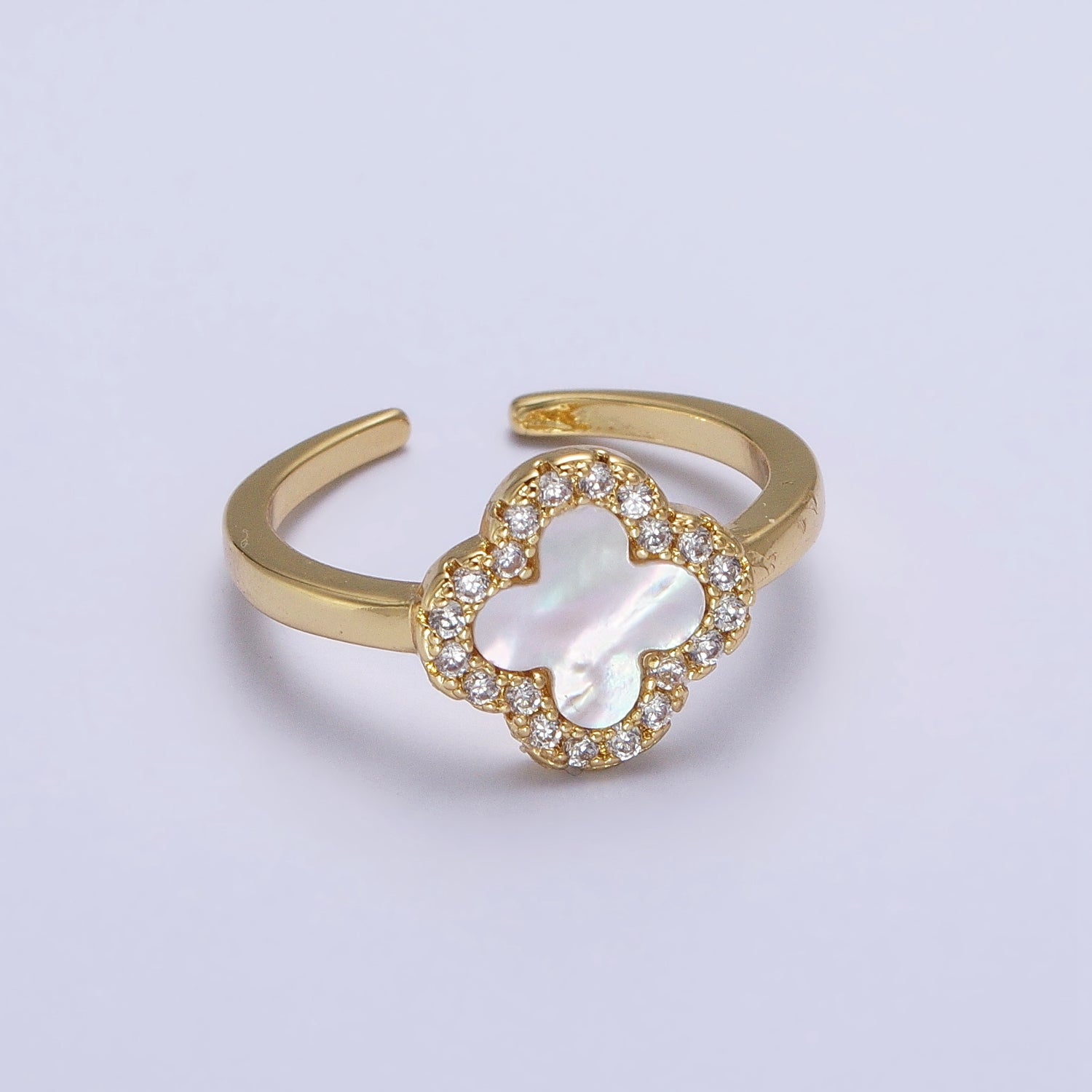 Dainty Shell Pearl Clover Ring Micro Pave Quatrefoil Ring Lucky Jewelry Four leaf Ring