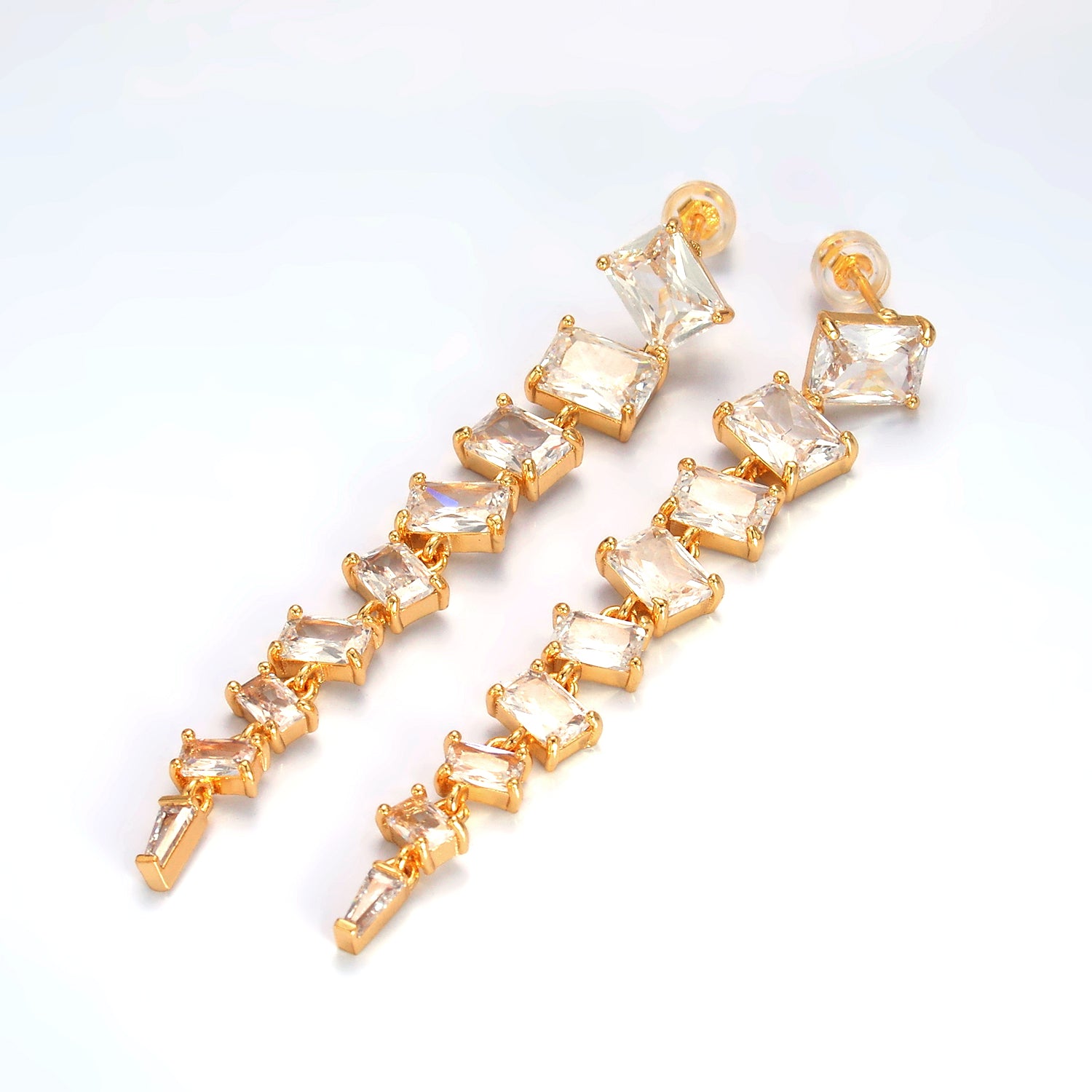 Gold Clear CZ Baguette Drop Stud Earrings