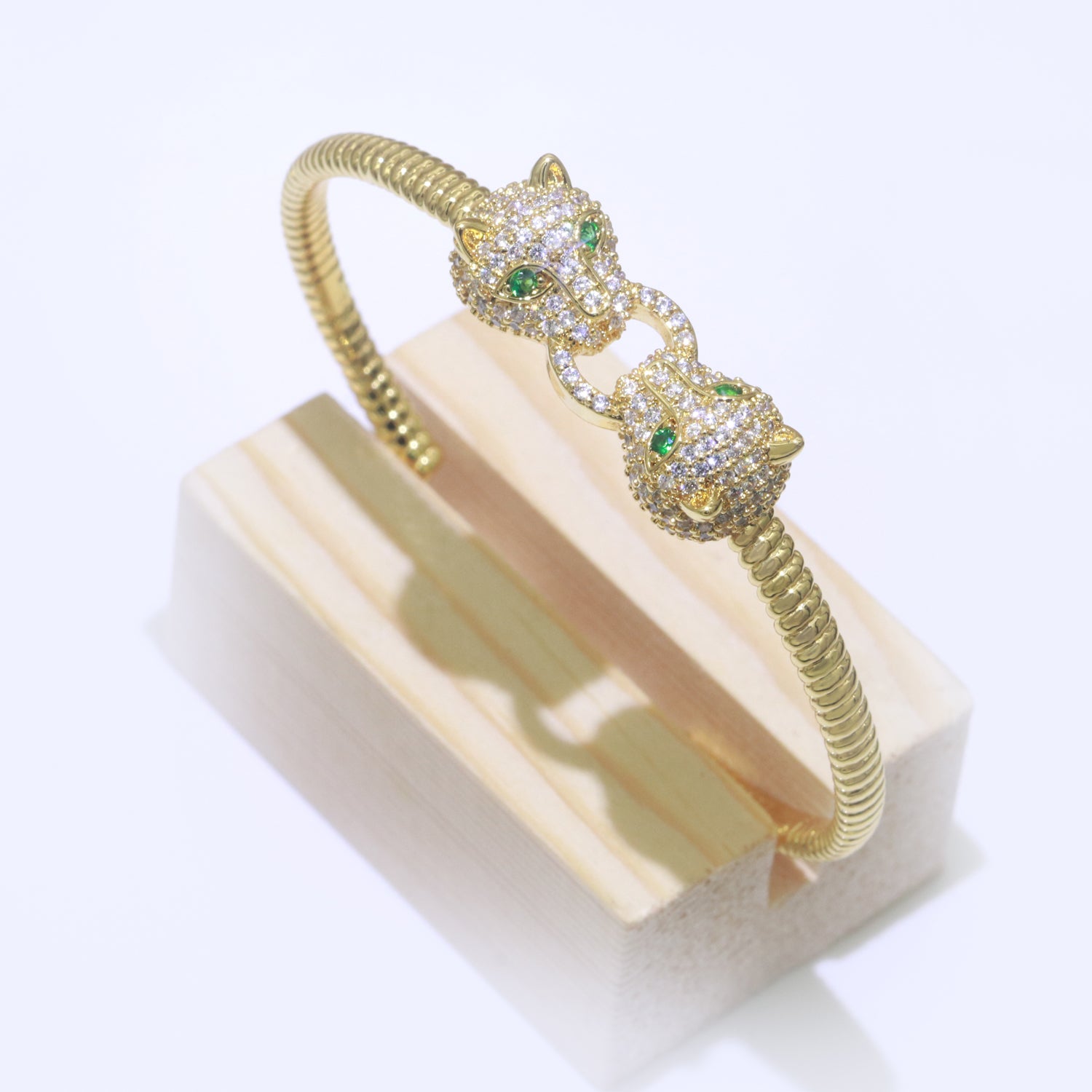 Gold Panther Head Cuff Bracelet Micro Pave CZ Bangle with Green Eyes BRACELET-00202