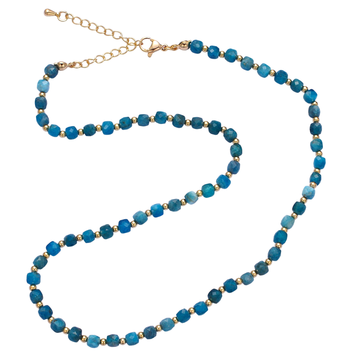 15.5 Inch Natural Blue Apatite Multifaceted Cube Gemstone w. Gold Bead Choker Necklace NC-21WA1426