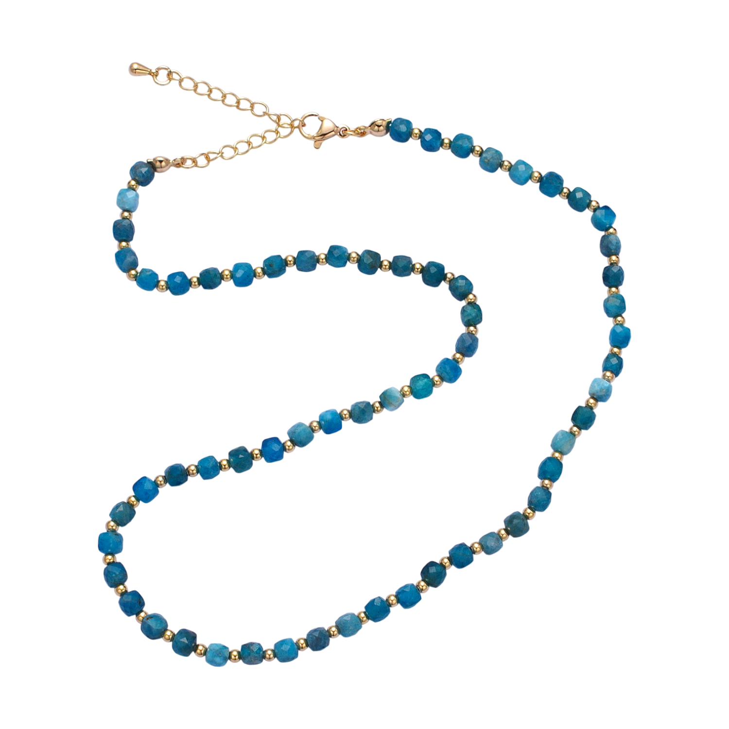 15.5 Inch Natural Blue Apatite Multifaceted Cube Gemstone w. Gold Bead Choker Necklace NC-21WA1426