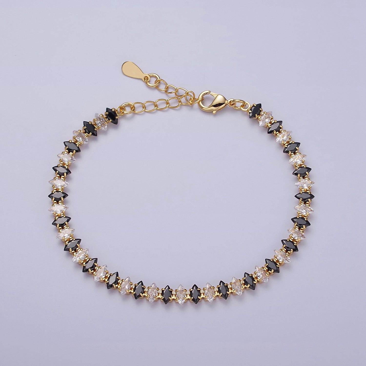 Gold 5mm Clear, Green, Black & White, Black, Pink CZ Marquise Tennis 6.5 Inches with Extender