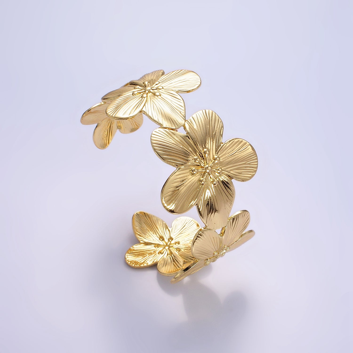 Gold 50mm Flower Textured Wide Cuff Bracelet