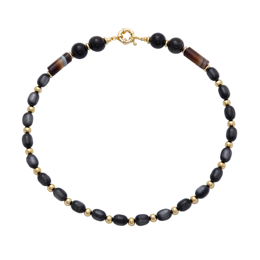 12MM Black Onyx Black Agate Gold Plated Gemstone Necklace 19" NC-21WA04135