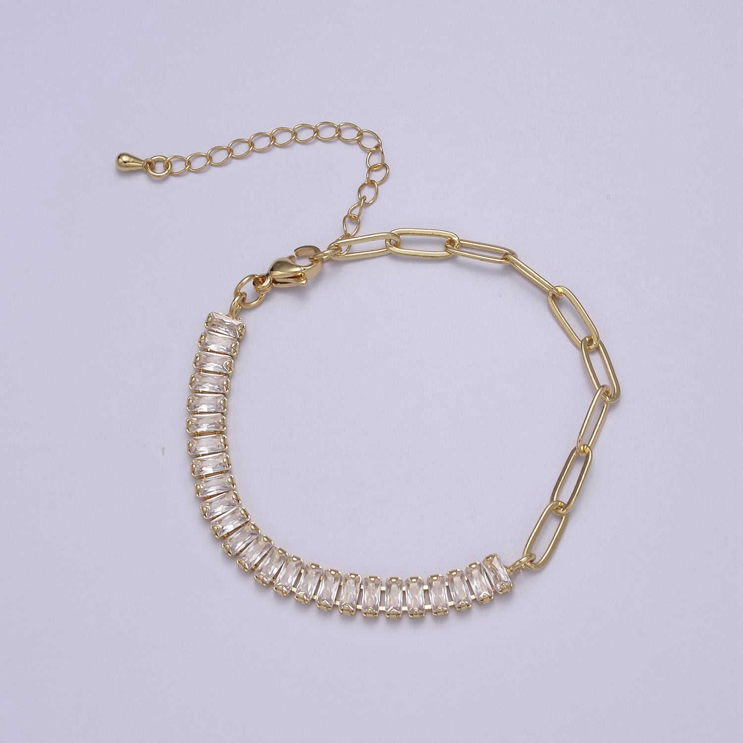 Gold Paper Clip Link Chain Bracelet with Baguette Zirconia 6.5 inch BRACELET-00207